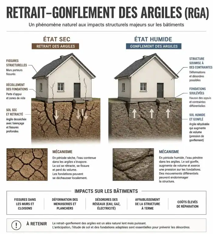Infographie illustrant le phénomène de retrait-gonflement des argiles et ses effets sur les fondations d'une maison