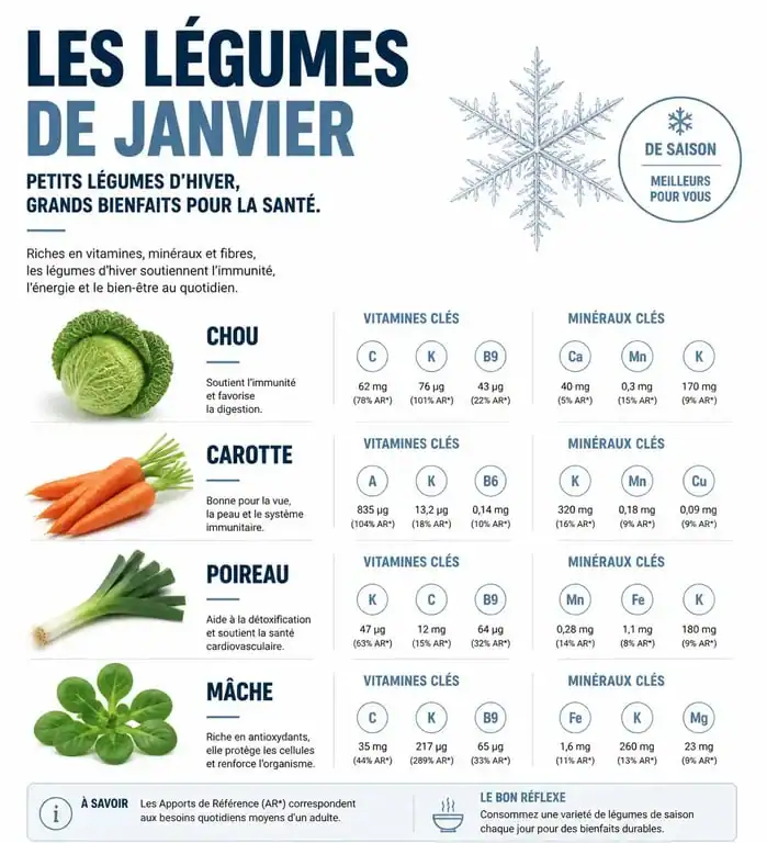 Infographie des bienfaits nutritionnels des légumes de saison en janvier