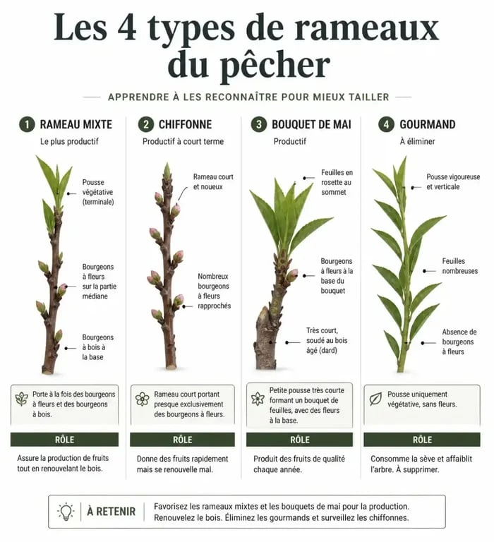 Schéma explicatif des différents types de rameaux pour la taille du pêcher