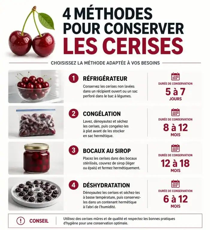 Infographie des méthodes pour conserver des cerises : frigo, congélation, bocaux et séchage