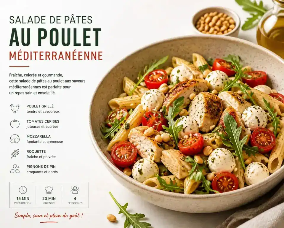 Salade de pâtes au poulet méditerranéenne avec tomates cerises et mozzarella