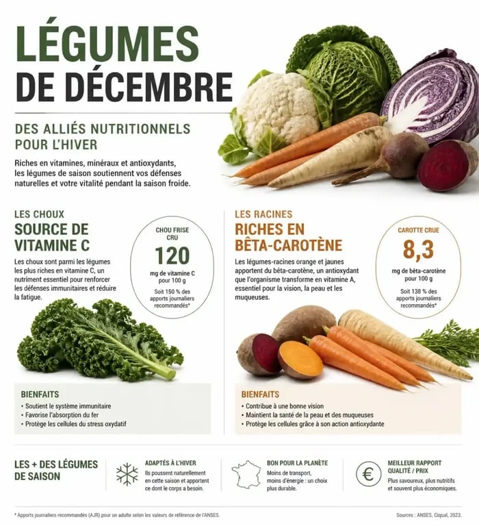 Infographie des bienfaits nutritionnels des légumes de décembre pour la santé en hiver