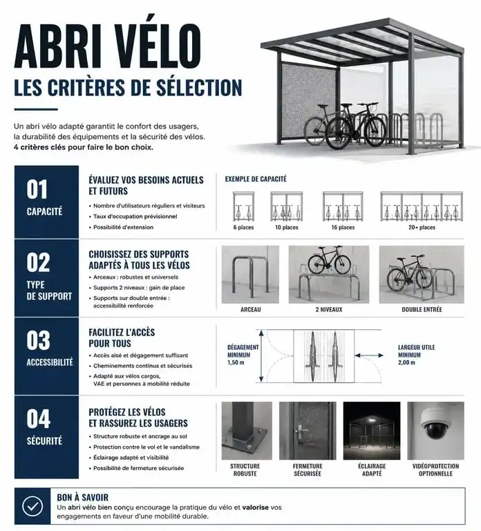 Infographie des critères de sélection pour un abri vélo sécurisé et adapté