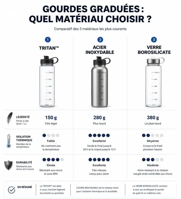 Comparatif des matériaux pour gourde graduée heure : Tritan, Acier Inoxydable et Verre Borosilicate