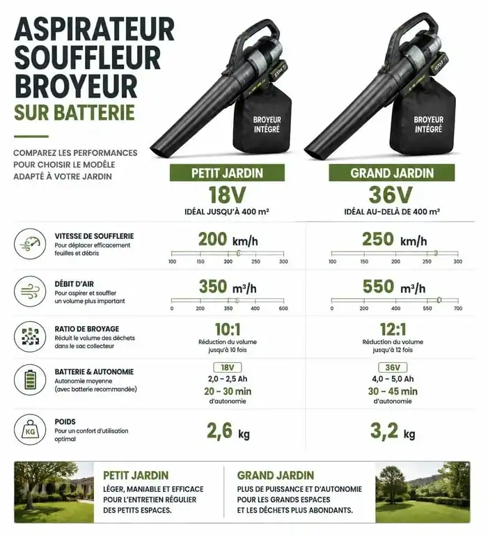 Comparatif technique pour choisir le meilleur aspirateur souffleur broyeur sur batterie selon la taille du jardin