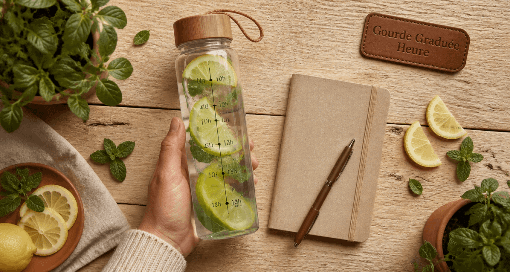 Gourde graduée heure avec eau citron menthe sur bureau
