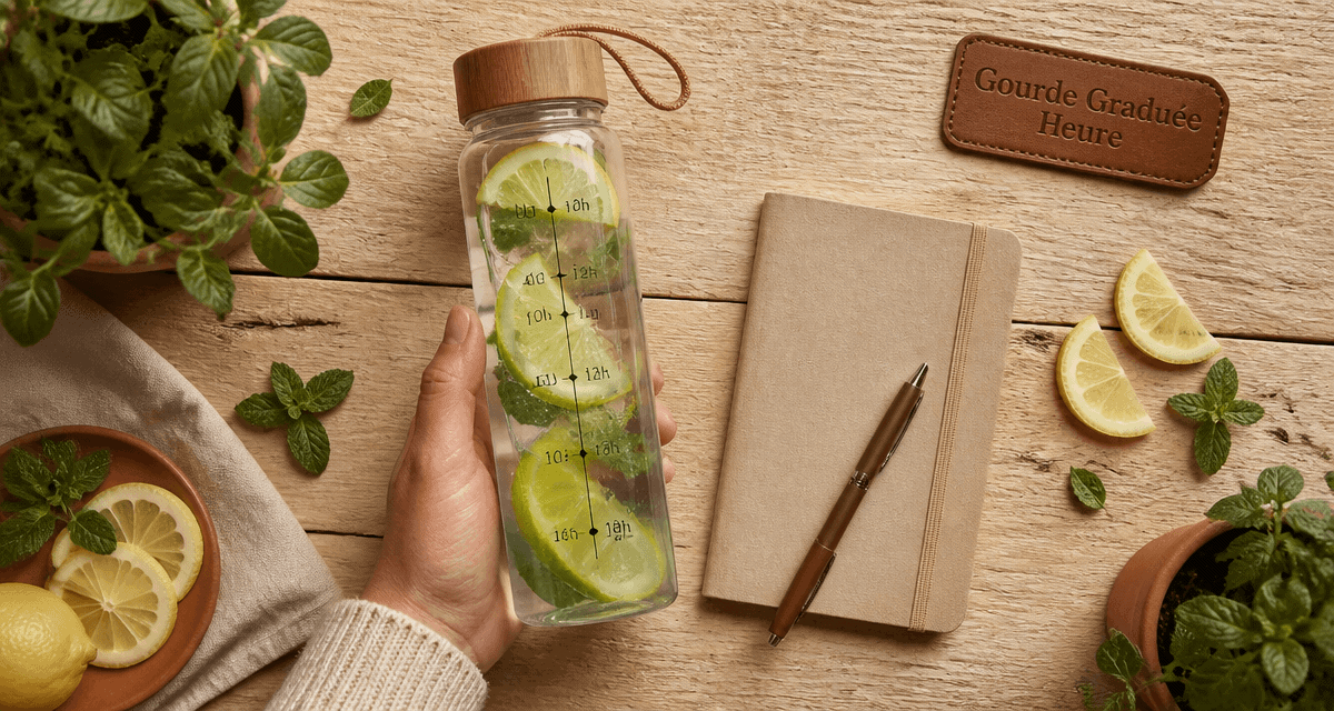 Gourde graduée heure avec eau citron menthe sur bureau