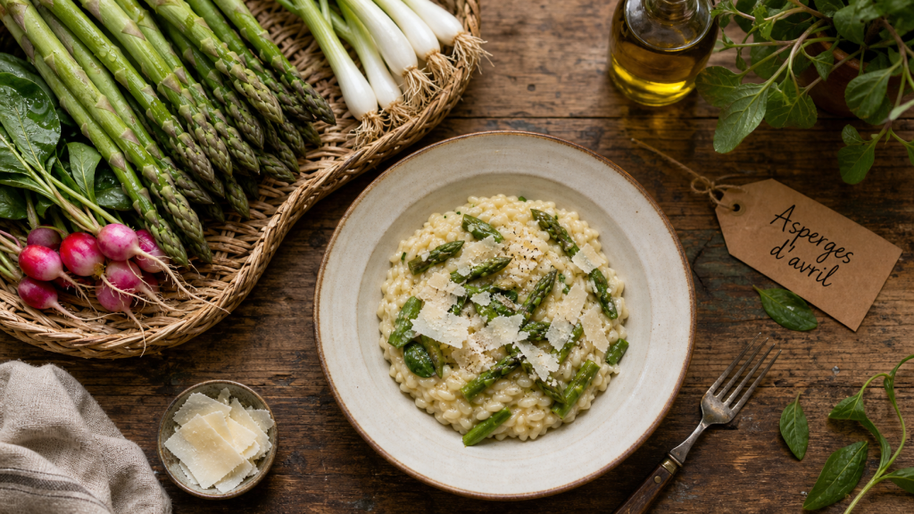 Legume avril : asperges vertes, radis et épinards