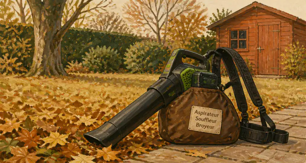 meilleur aspirateur souffleur broyeur sur batterie posé dans un jardin d'automne