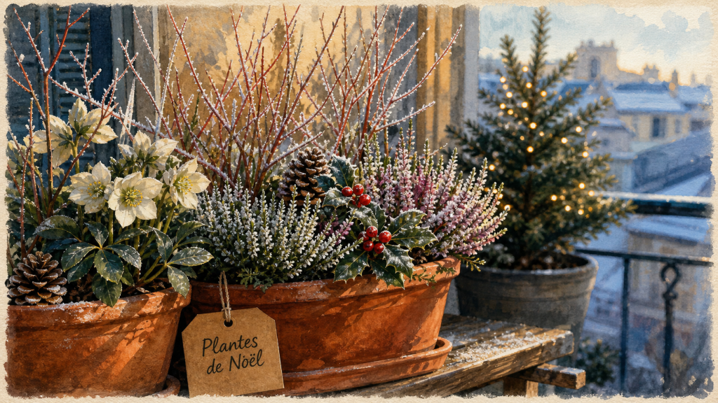Plante de noel exterieur : hellébores, bruyère d’hiver et houx en jardinières au balcon, givre.