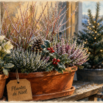 Plante de noel exterieur : hellébores, bruyère d’hiver et houx en jardinières au balcon, givre.