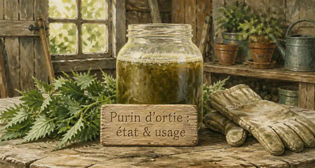 bocal de purin d'ortie périmé avec orties et gants