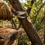 Quand tailler les arbres fruitiers à noyaux : main gantée avec sécateur sur prunier en septembre