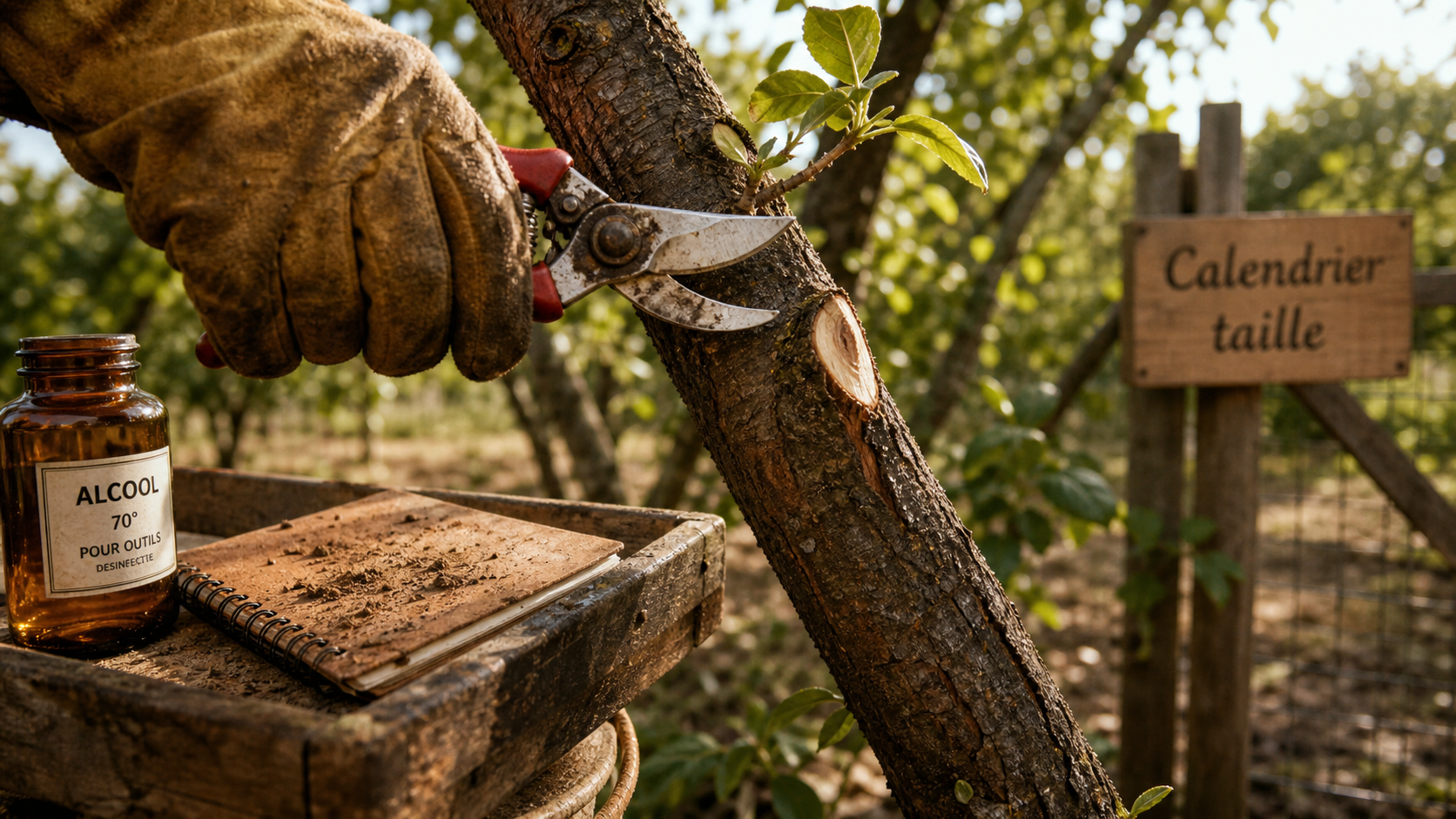 Quand tailler les arbres fruitiers à noyaux : main gantée avec sécateur sur prunier en septembre