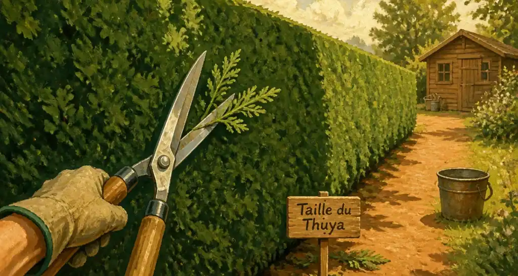Quand tailler une haie de thuyas, cisaille et haie taillée en trapèze