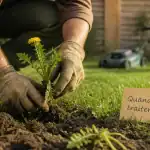 Quand traiter la pelouse contre les mauvaises herbes : jardinier retire une mauvaise herbe
