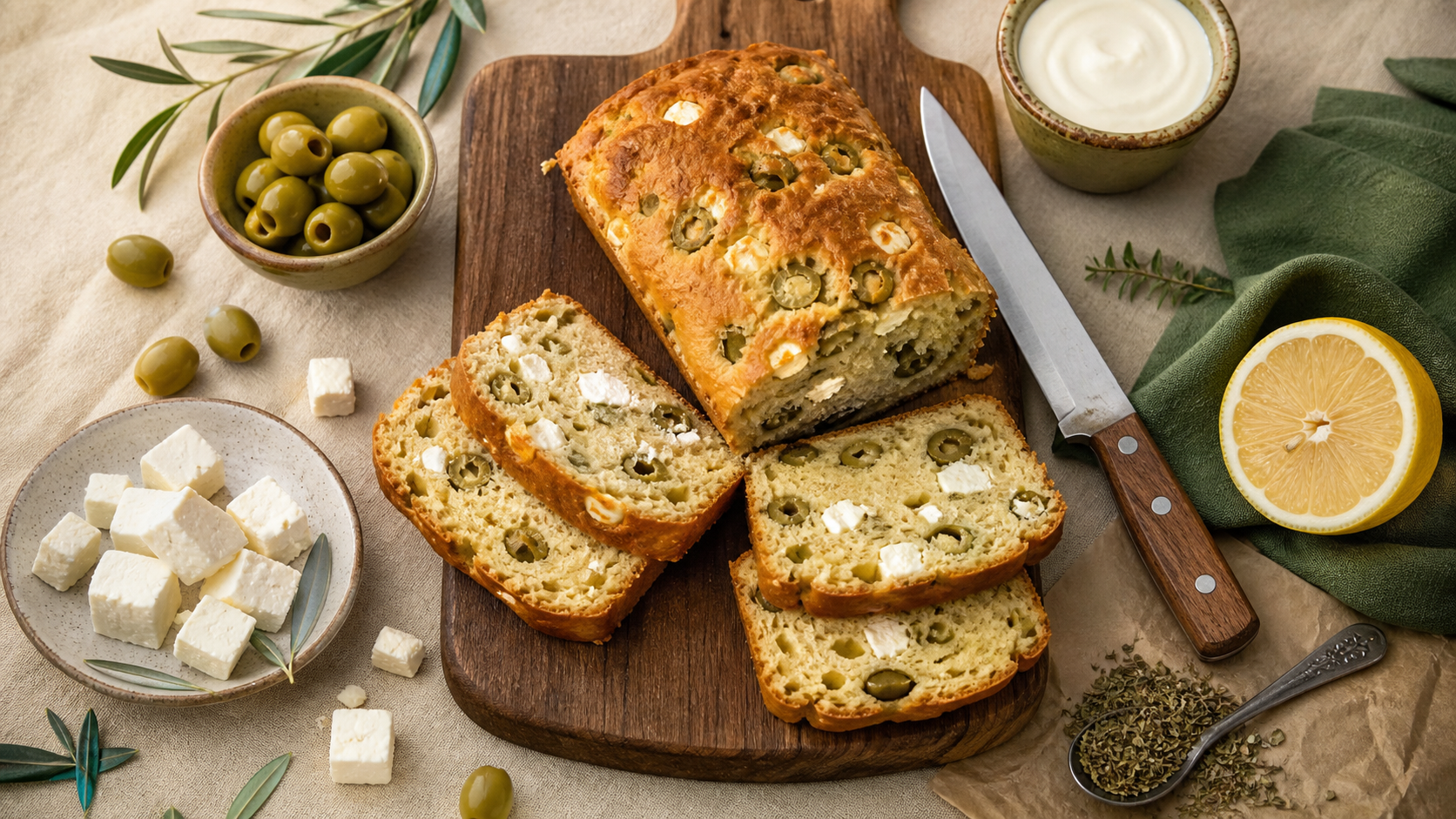 Recette salé : cake olives et féta, vue de dessus