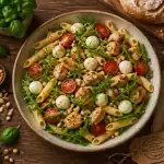 Salades de pates au poulet, penne, légumes et mozzarella