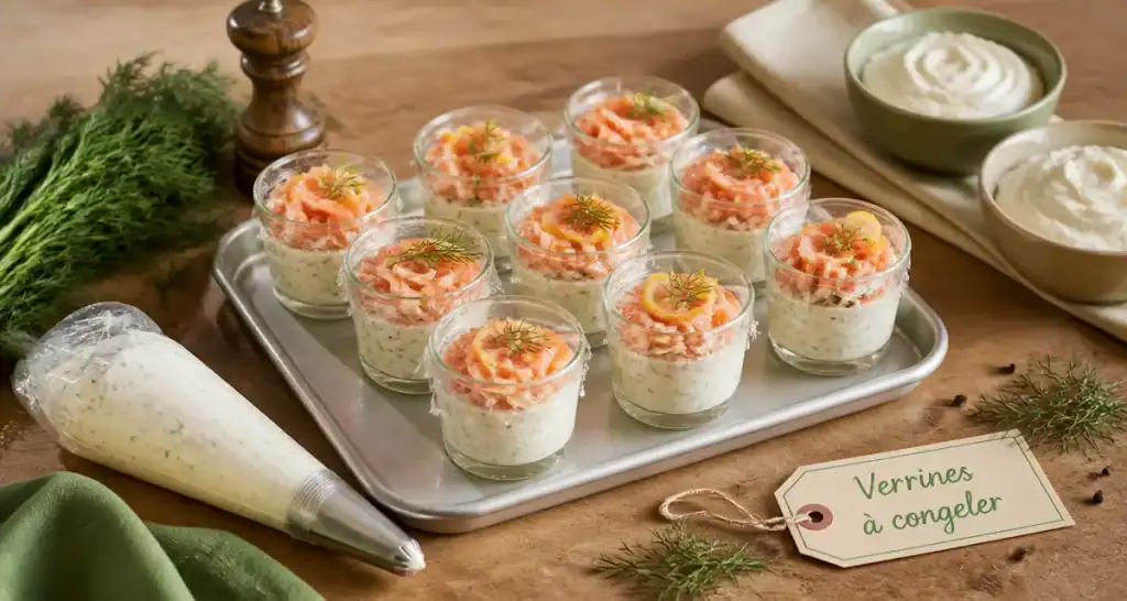 Verrine apéro à congeler, mini-verrines filmées sur plateau