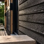 Bardage bois brulé noir mat sur façade bois, fibres carbonisées visibles