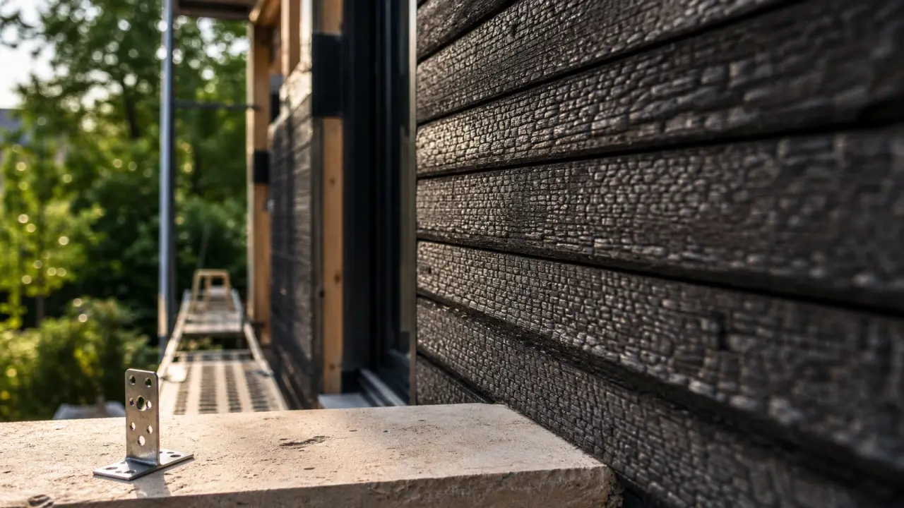 Bardage bois brulé noir mat sur façade bois, fibres carbonisées visibles