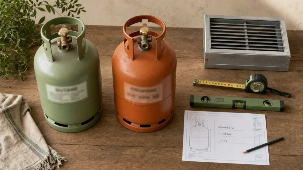 Bouteille de gaz : 31 cm de diamètre, 56 à 140 cm de hauteur selon le format