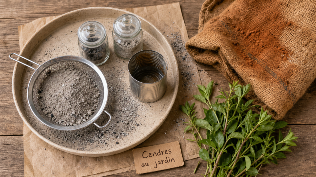Cendres jardin : cendre de bois tamisée sur table avec bocaux et mesure