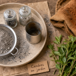Cendres jardin : cendre de bois tamisée sur table avec bocaux et mesure