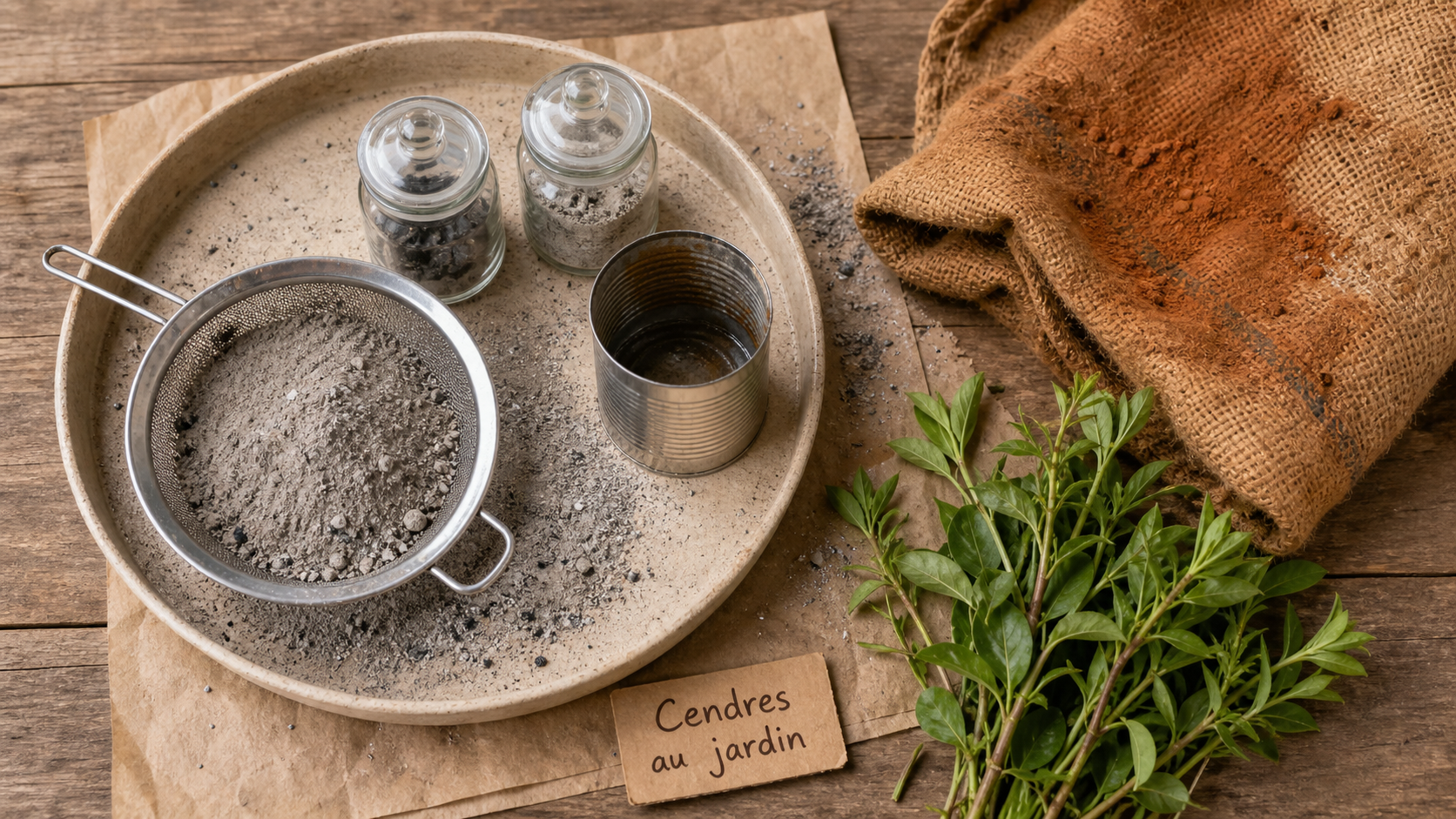 Cendres jardin : cendre de bois tamisée sur table avec bocaux et mesure