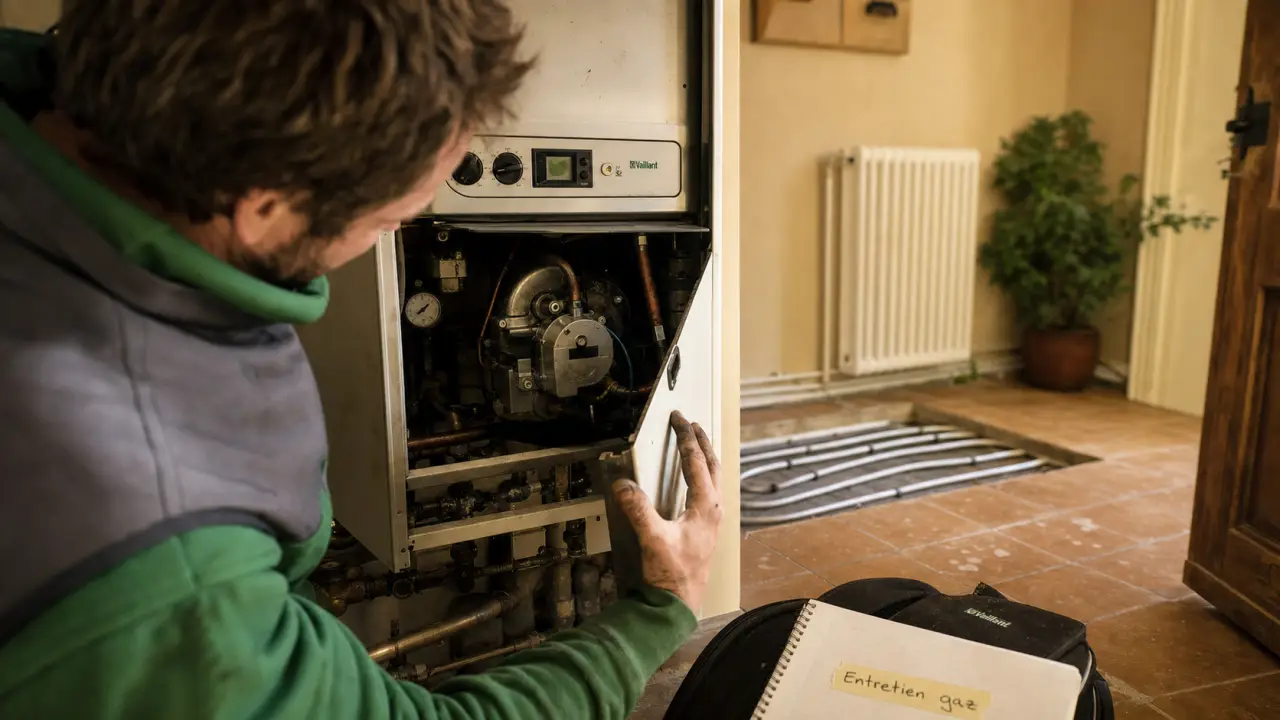 Chauffage maison gaz : technicien ouvre une chaudière gaz pour entretien