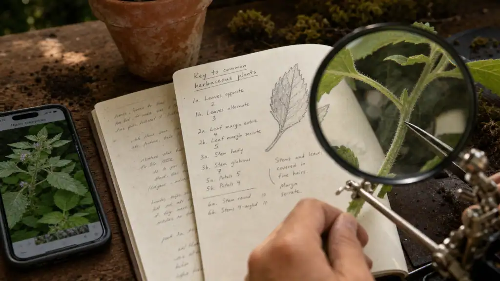 Comment reconnaitre une plante : téléphone, carnet et loupe pour identifier une plante