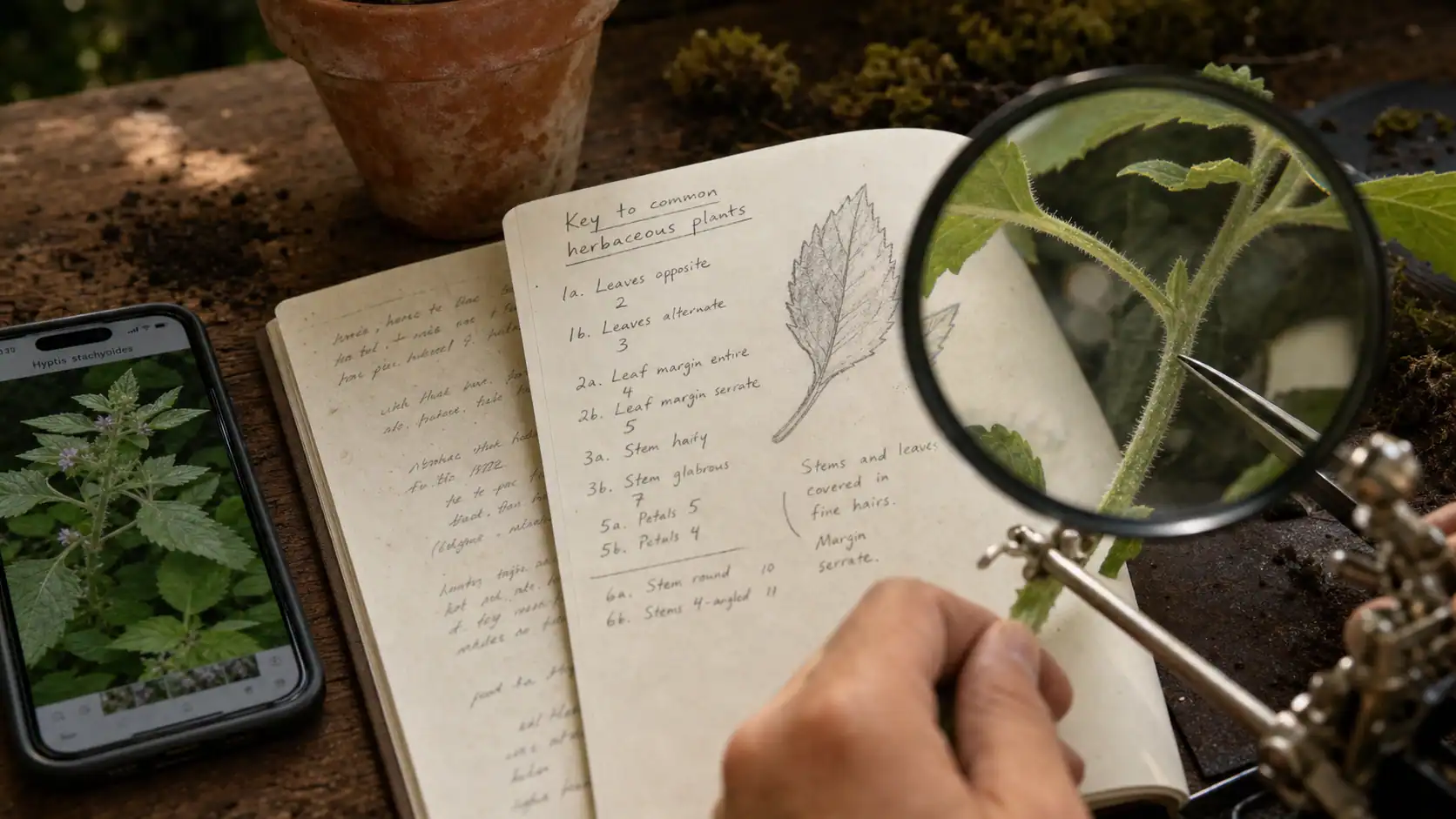 Comment reconnaitre une plante : téléphone, carnet et loupe pour identifier une plante