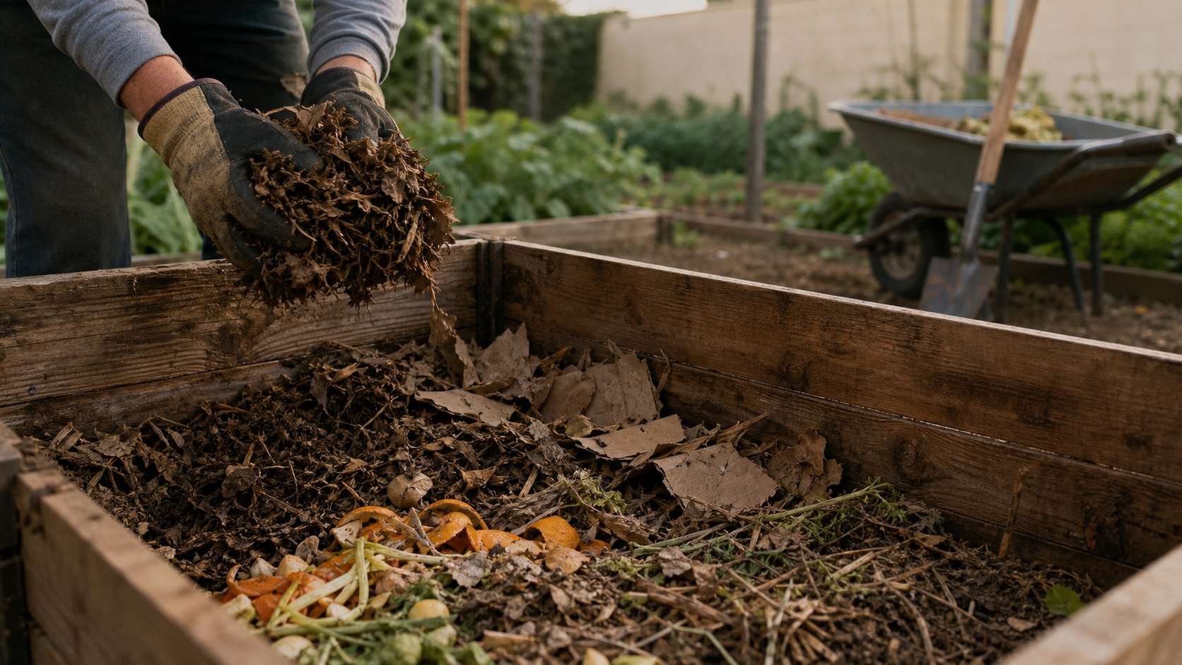 Composteur jardin en bois avec matières de compost