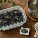 Conservation moule cuite : moules 24 h au frigo à 2-4 °C (thermomètre 3°C)
