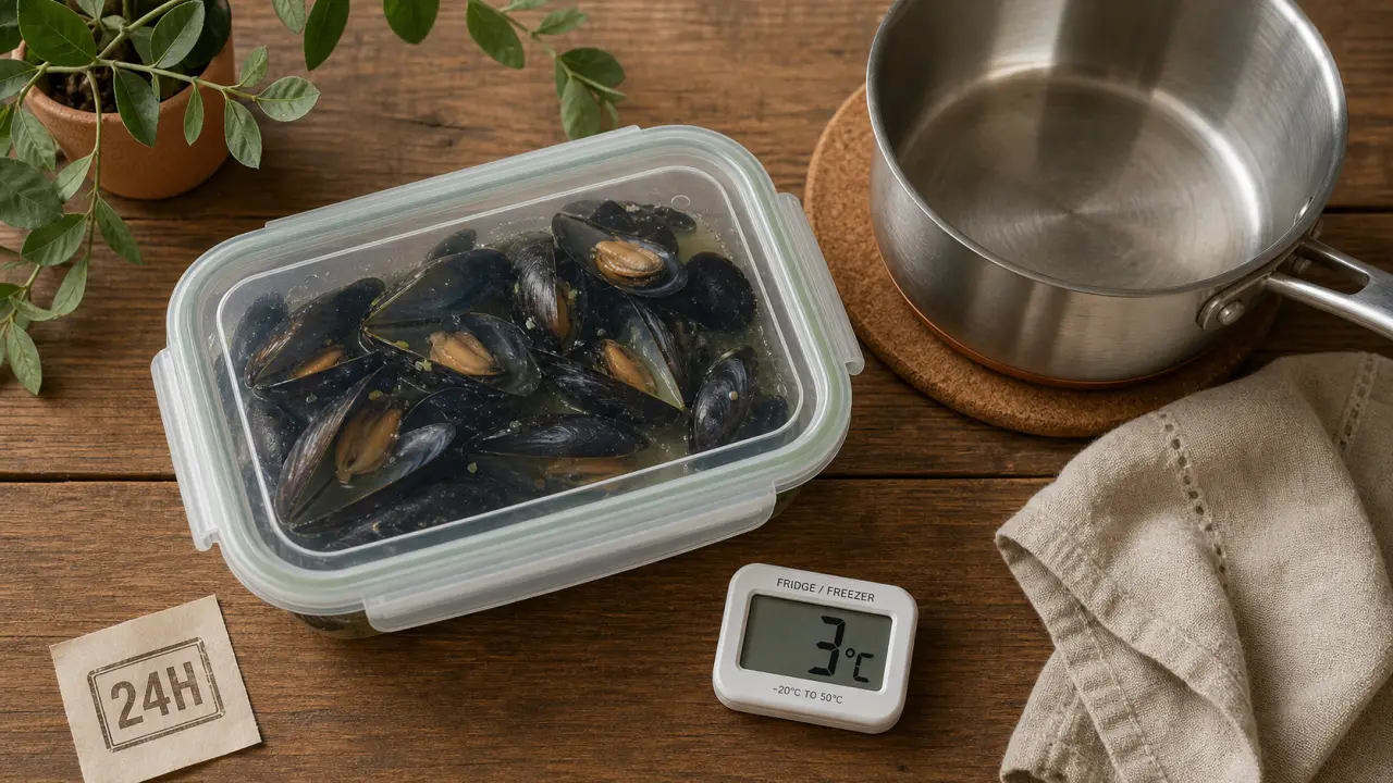 Conservation moule cuite : moules 24 h au frigo à 2-4 °C (thermomètre 3°C)