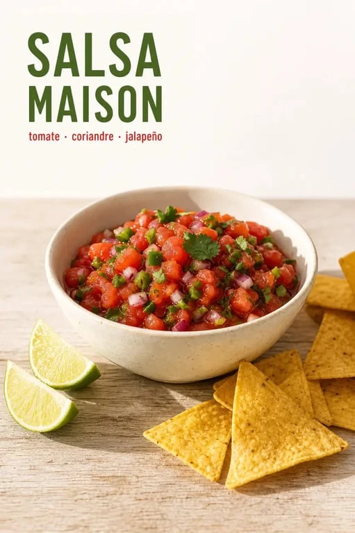 Recette sauce salsa maison servie dans un bol avec chips de maïs et lime