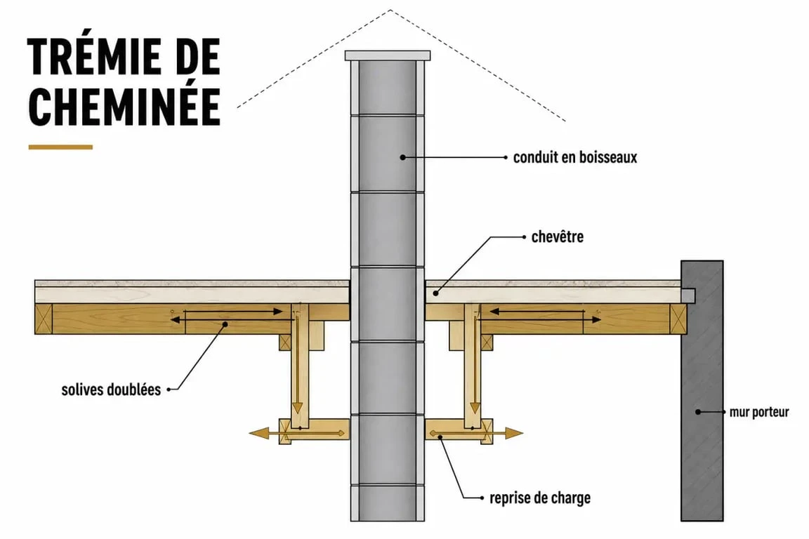 Chevêtre comment soutenir un conduit de cheminée : schéma de reprise de charge dans un plancher bois
