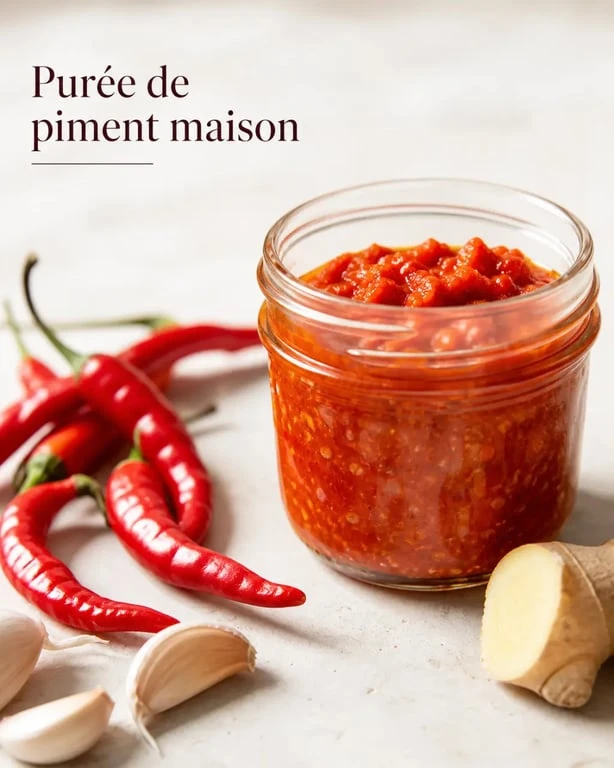 Purée de piment maison en bocal avec piments frais et ingrédients