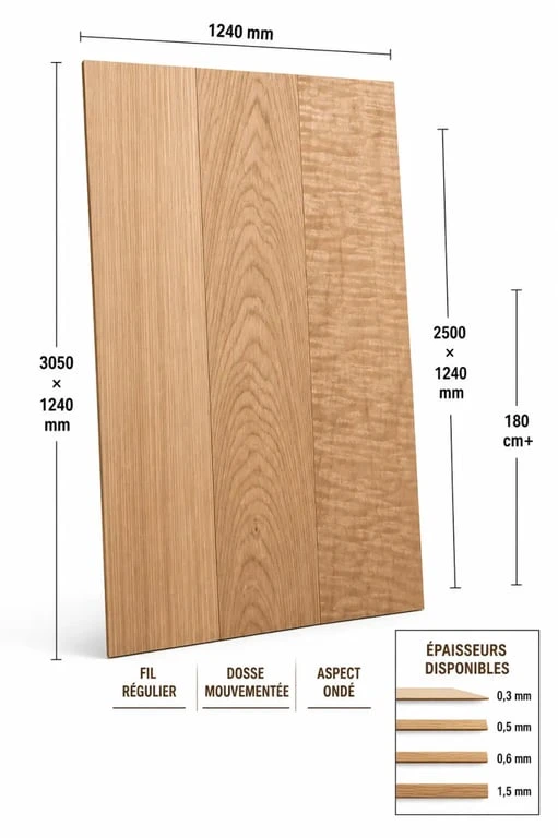Feuille de placage bois grand format : comparaison des formats, épaisseurs et rendus de fil, dosse et ondé