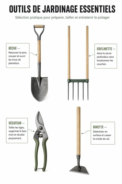 Infographie des outils de jardinage essentiels pour débutants et amateurs