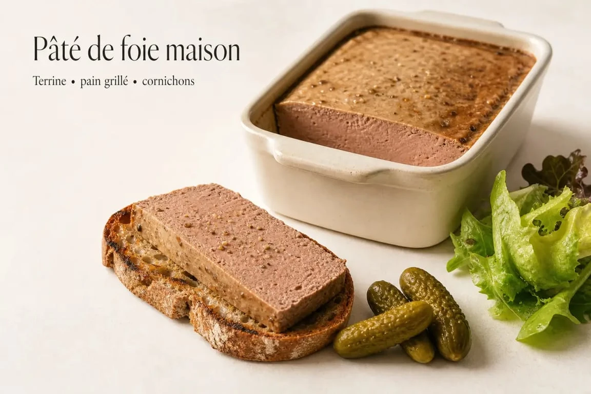 Recette du pâté de foie maison en terrine, tranchée et servie sur pain grillé