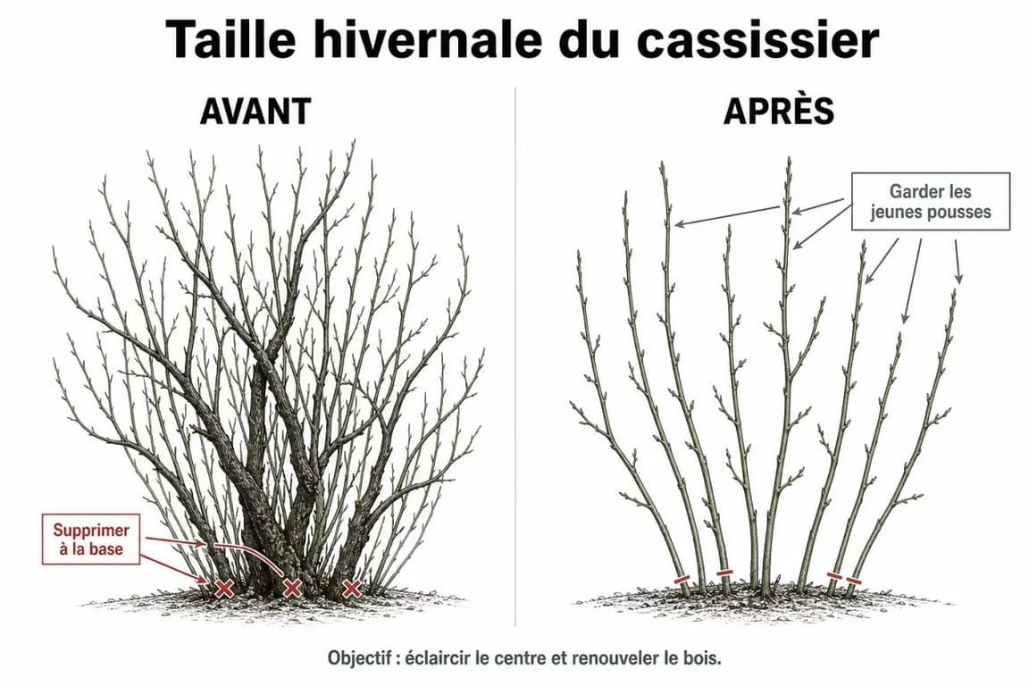 Quand tailler les cassissiers : schéma avant et après taille pour repérer les branches à couper
