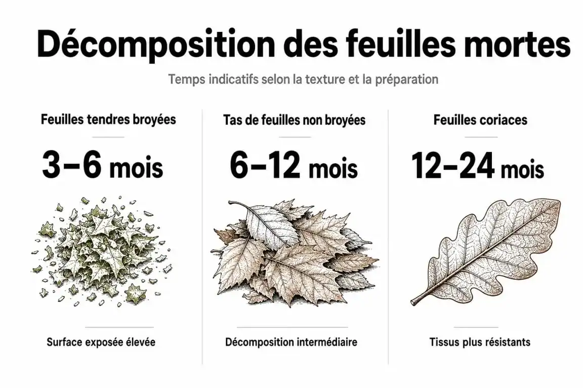 Infographie sur le temps de décomposition des feuilles mortes selon le type de feuille et la méthode de jardinage.