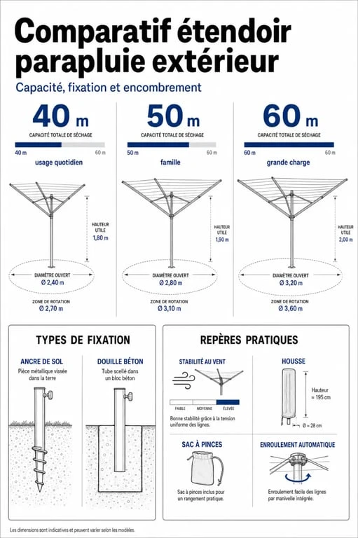Comparatif d’un étendoir parapluie extérieur avec capacités 40, 50 et 60 mètres et types de fixation