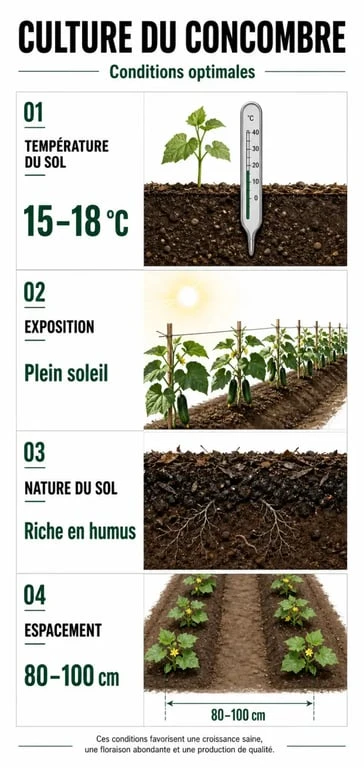 Infographie des conditions idéales pour planter des concombres au potager