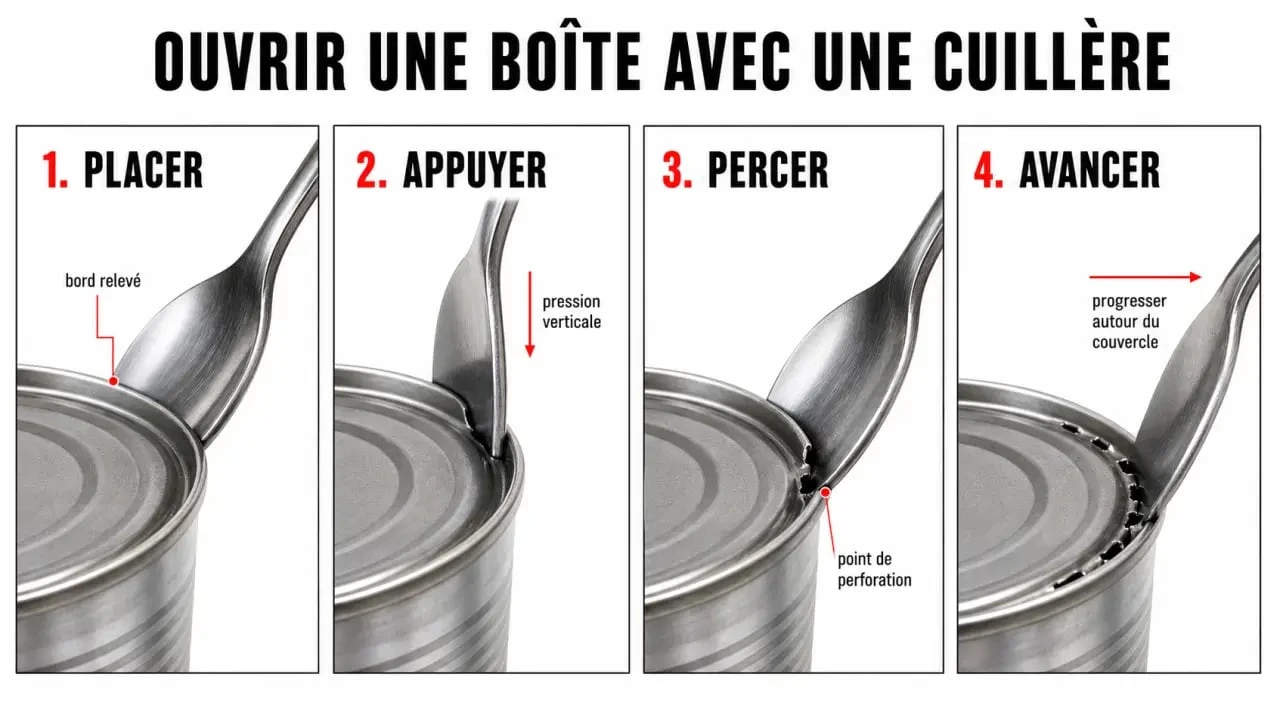 Étapes pour ouvrir une boîte de conserve sans ouvre-boîte avec une cuillère