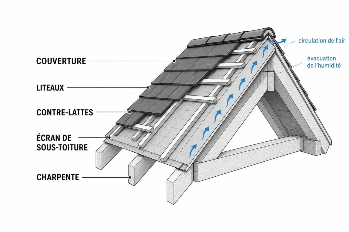 Contre lattage en toiture illustré par une coupe technique avec circulation de l’air