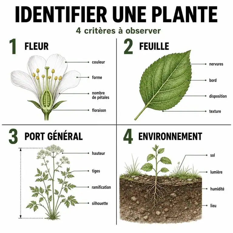 Infographie sur les méthodes pour reconnaître une plante sauvage et identifier ses caractéristiques