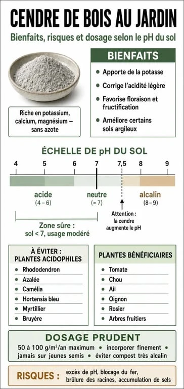 Infographie sur l'utilisation des cendres au jardin : bienfaits, risques et plantes compatibles