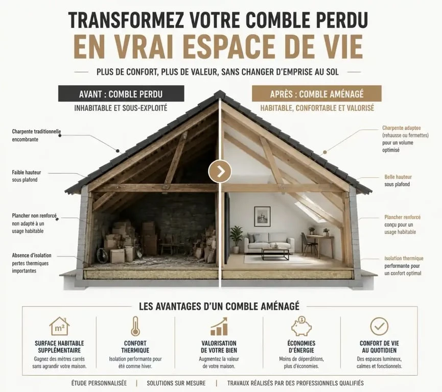 Schéma illustrant la transformation d'un comble perdu en espace habitable